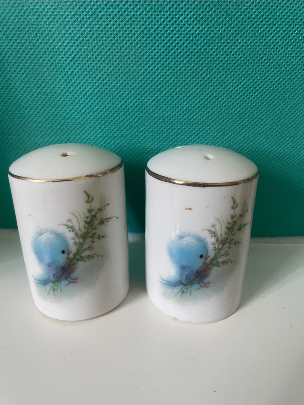 Vintage Blue Chickadee porcelain salt and pepper shakers